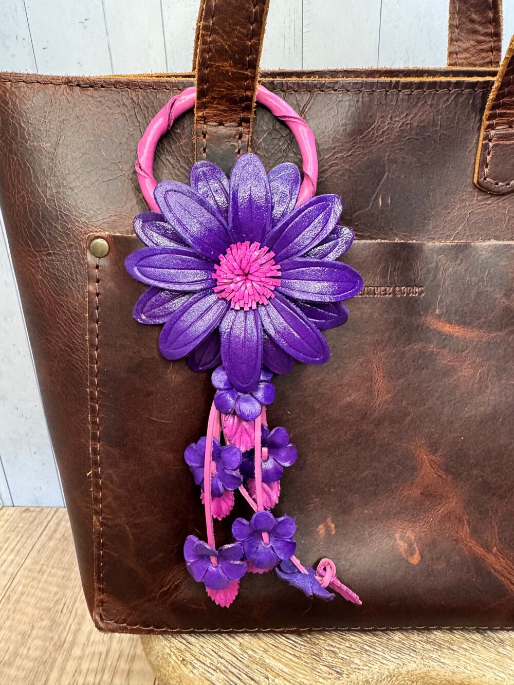 Leather Purse Charm Genuine Leather Purple Flower Bag Charm NEW FAST SHIP